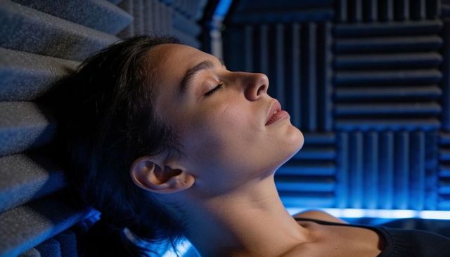 Relaxing vocalist resting against acoustic foam with moody blue led lighting