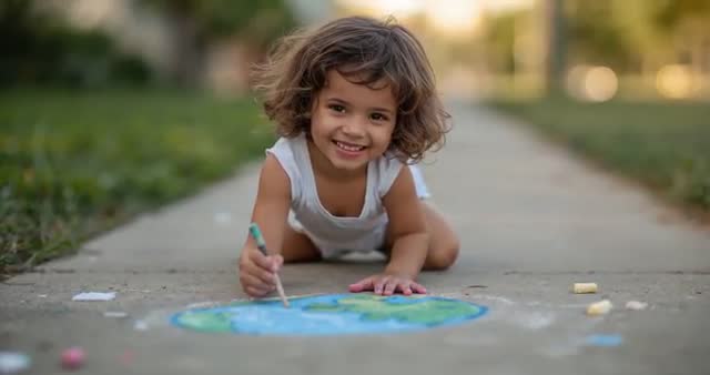 Child Creating Vibrant Chalk Globe on Sidewalk