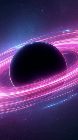 Vertical cosmic orb rotating with neon magenta rings and blue rim flaring