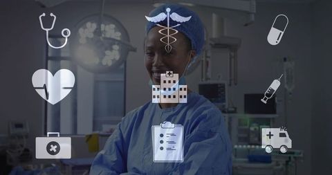 Surgeon smiling with medical icons in operating room