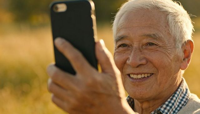 Smiling senior man holding smartphone during golden hour in meadow, warm outdoor portrait
