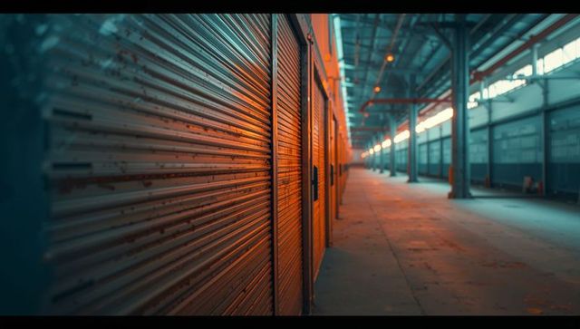 Futuristic Industrial Corridor with Ribbed Shutters and Red Overhead Pipes