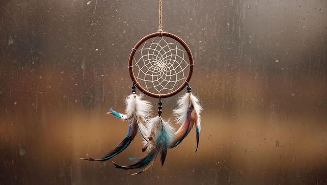 Dreamcatcher Hanging Against Rain-Streaked Window