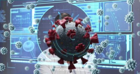 Doctor Analyzing COVID-19 Cells in Futuristic Digital Interface