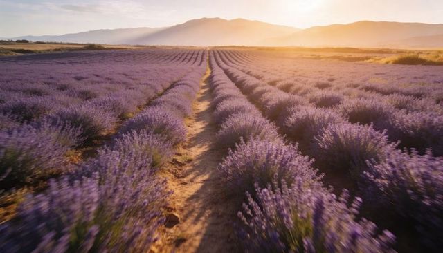 Lavender Fields Stretching Toward Golden Sunrise Over Distant Mountains