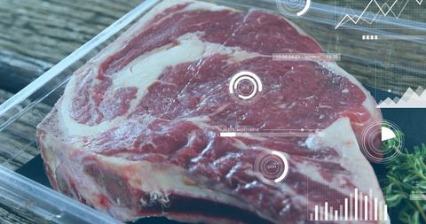 Bone-in ribeye steak in clear tray with digital hud overlays showing quality data