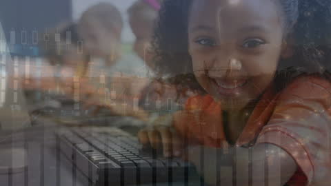 Smiling African American Girl Learning on Computer with Graphs Overlay