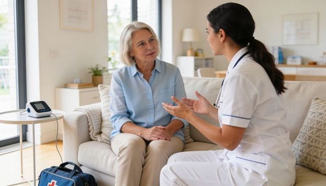 Homecare nurse consulting senior woman in bright living room with blood pressure monitor