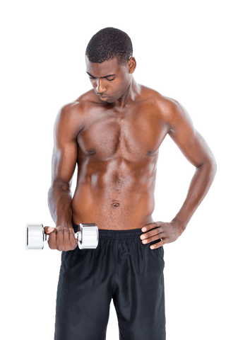 Athletic Man Demonstrating Dumbbell Workout on Transparent Background
