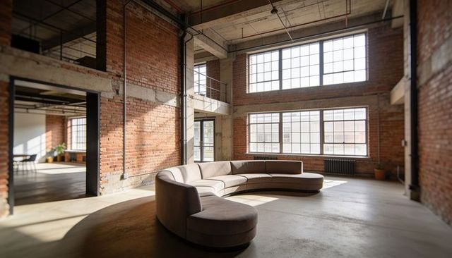 Showcasing curved sectional sofa in sunlit industrial loft with exposed brick windows