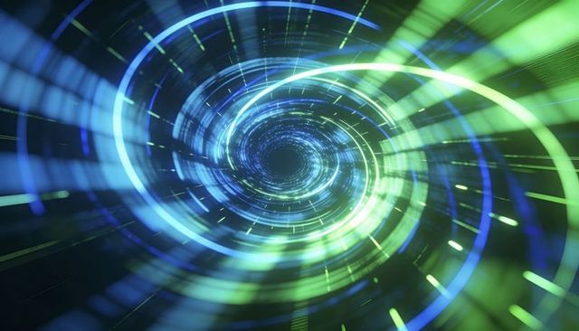 Spiraling neon hyperspace tunnel with glowing rings and streaking light effects