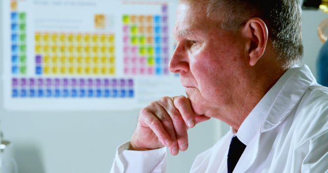 Senior Scientist Reflecting in Lab with Periodic Table in Background - Download Free Stock Images Pikwizard.com