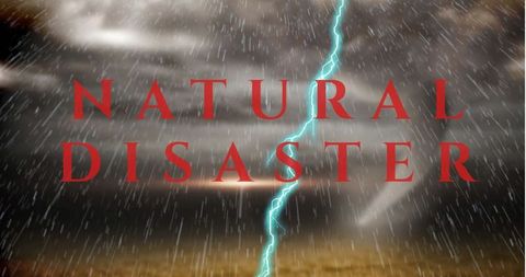 Dramatic lightning strike during fierce thunderstorm with natural disaster text