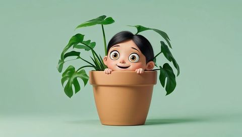 Whimsical cartoon child peeking from terracotta pot with monstera leaves - shy concept