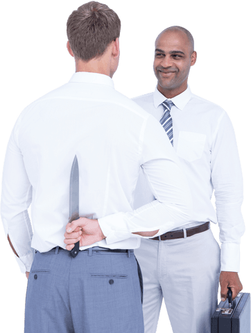 Businessman holding knife behind back in transparent corporate context