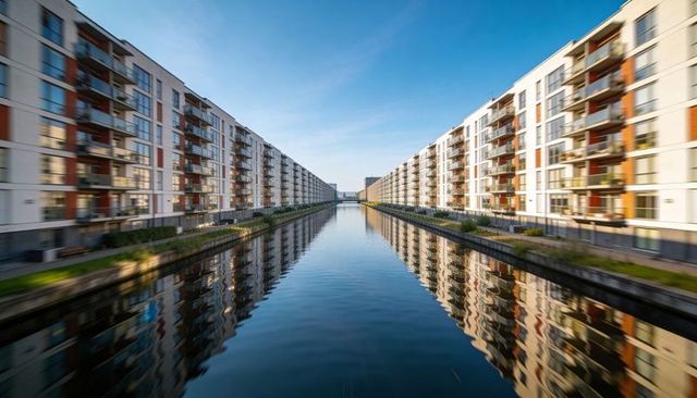 Reflecting canal mirroring parallel modern apartment facades and balconies at waterfront