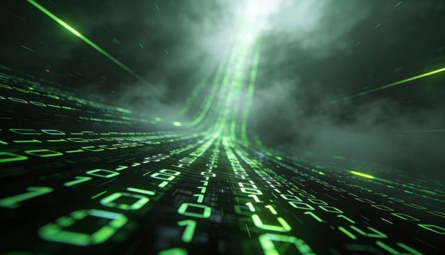 Streaming green binary tunnel receding into cyber matrix with mist and light