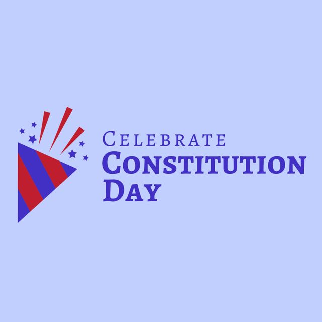Image of celebrate constitution day on violet background with cone and confetti. American culture, patriotism and celebration concept.