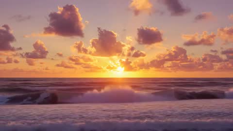 Serene Sunrise Over Ocean with Waves and Swimmer