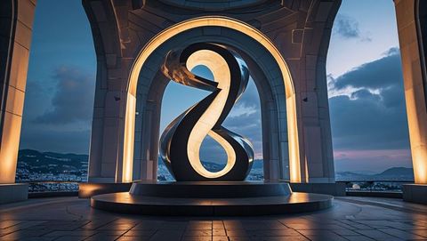 Illuminated infinity loop sculpture at dusk