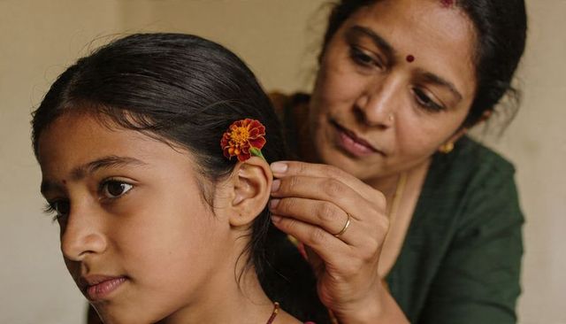 Indian mother placing marigold behind daughter ear during tender grooming and bonding