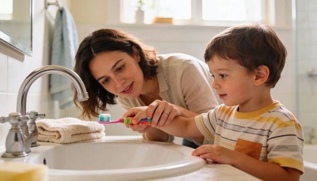 Mother guiding young son brushing teeth at bathroom sink morning routine bonding