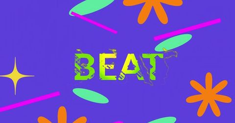 Neon retro beat typography poster with pop art shapes and distressed texture