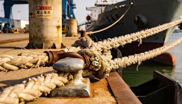 Thick braided mooring ropes securing cargo ship to rusted quay cleat with barnacles