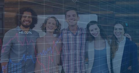 Team Collaboration with Financial Graph Overlay in Modern Office