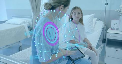 Nurse Using AI Tablet with Young Patient at Hospital Bedside for Telemedicine Care