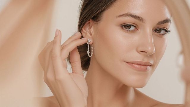 Model adjusting diamond hoop earring while admiring reflection closeup beauty portrait