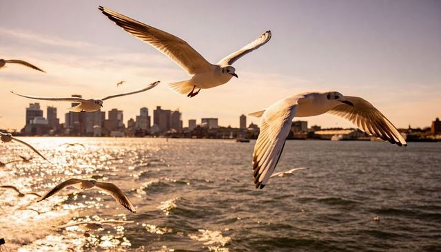 Gliding seagulls over sunlit harbor at golden hour with city skyline reflections