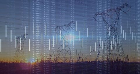 High Voltage Towers at Sunset with Market Data Overlay