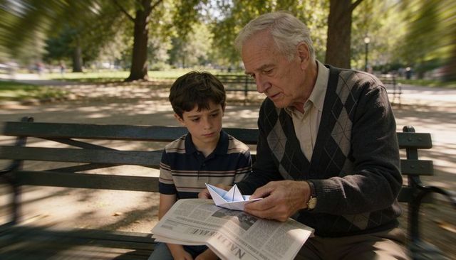 Grandfather teaching grandson folding paper boat on park bench with newspaper sunlit moment