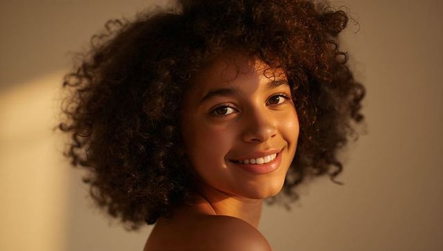 Smiling teenage girl with curly hair turning left shoulder to camera in warm golden light