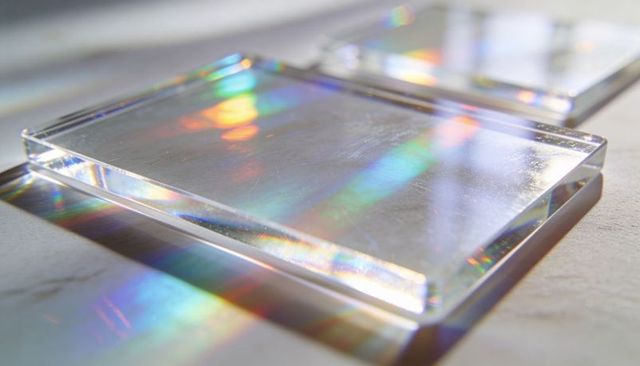 Clear acrylic panels refracting sunlight into rainbow streaks on minimal light surface