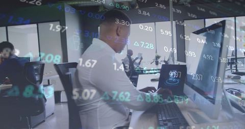 Professional Analyzing Financial Data in Modern Office With Digital Overlay