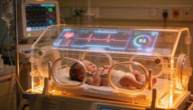 Newborn resting in nicu incubator with holographic vital signs display and medical monitoring