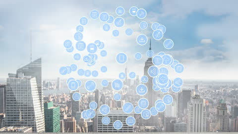 Digital Connections Network Overlaying City Skyline
