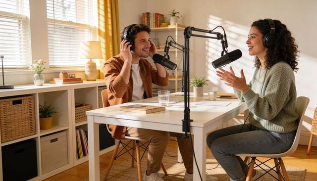 Co-hosts recording lively conversational podcast in sunlit home studio with pro mics