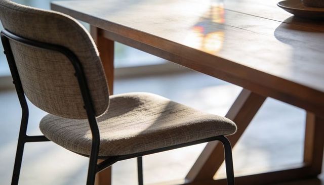 Sunlit beige padded chair sliding under wooden dining table with prism light reflection