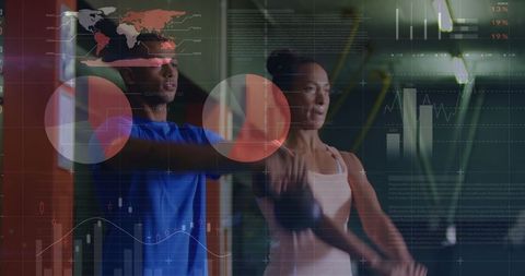 Two athletes performing synchronized kettlebell swings with augmented reality HUD overlay