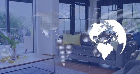 Digital globe overlay projecting global network across modern living room with gray sofa