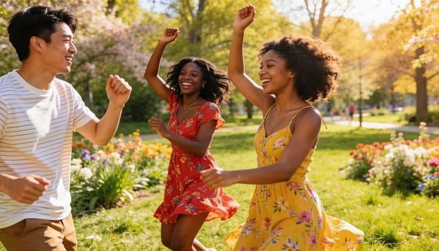 Dancing friends in floral dresses enjoying sunny park with blooming flower beds
