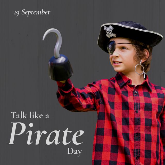 Digital composite image of caucasian boy playing pirate, talk like a pirate day text, copy space. Parodic holiday, romanticized view of golden age of piracy, talk exclusively in pirate lingo.