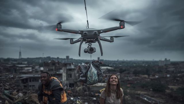 Drone delivering aid over urban ruins under moody storm sky