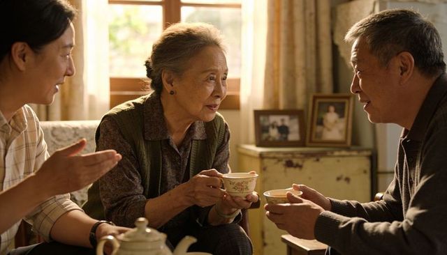 Elderly asian family sharing tea and conversation in cozy sunlit vintage living room