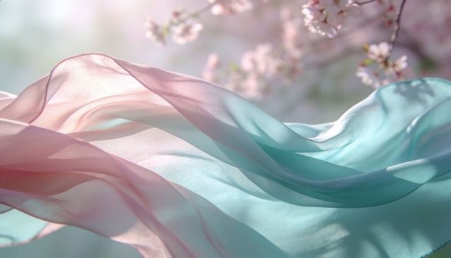 Flowing pastel chiffon catching warm sunlight with cherry blossom bokeh in spring