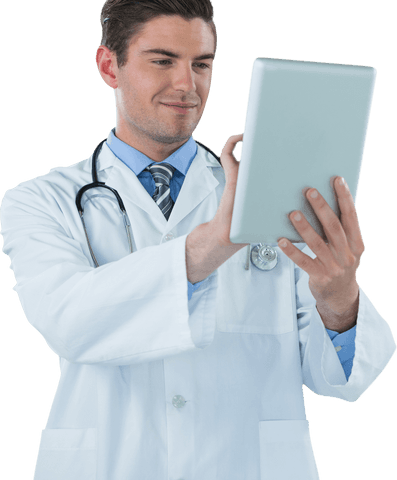 Smiling Male Doctor Using Digital Tablet on Transparent Background - Download Free Stock Videos Pikwizard.com