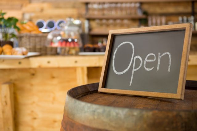 Chalkboard sign reading 'Open' placed on wooden barrel in cozy coffee shop. Ideal for promoting small businesses, cafes, and welcoming atmospheres. Perfect for marketing materials, social media posts, and business websites.